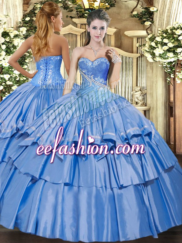 Pretty Floor Length Lace Up 15 Quinceanera Dress Baby Blue for Military Ball and Sweet 16 and Quinceanera with Beading and Ruffles