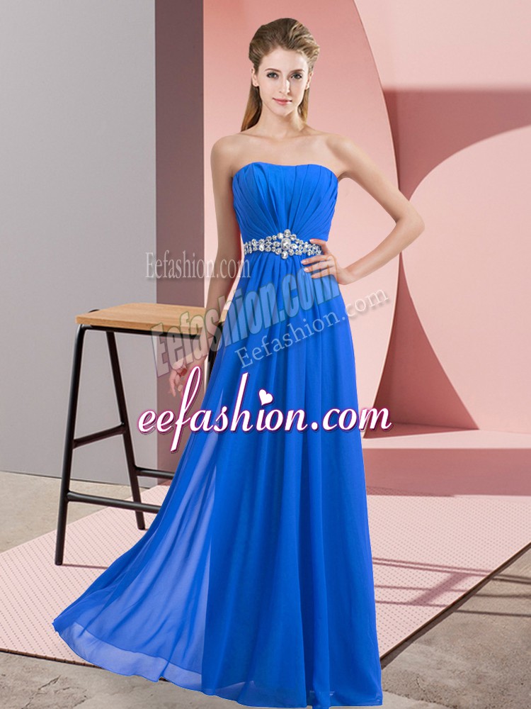 Unique Blue Sleeveless Beading Floor Length Evening Dress