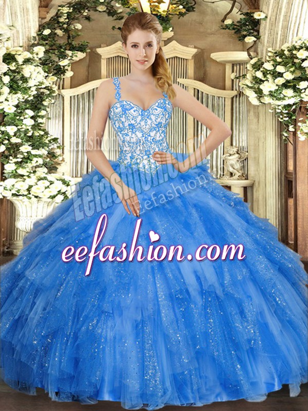  Floor Length Blue Sweet 16 Dresses Organza Sleeveless Beading and Ruffles