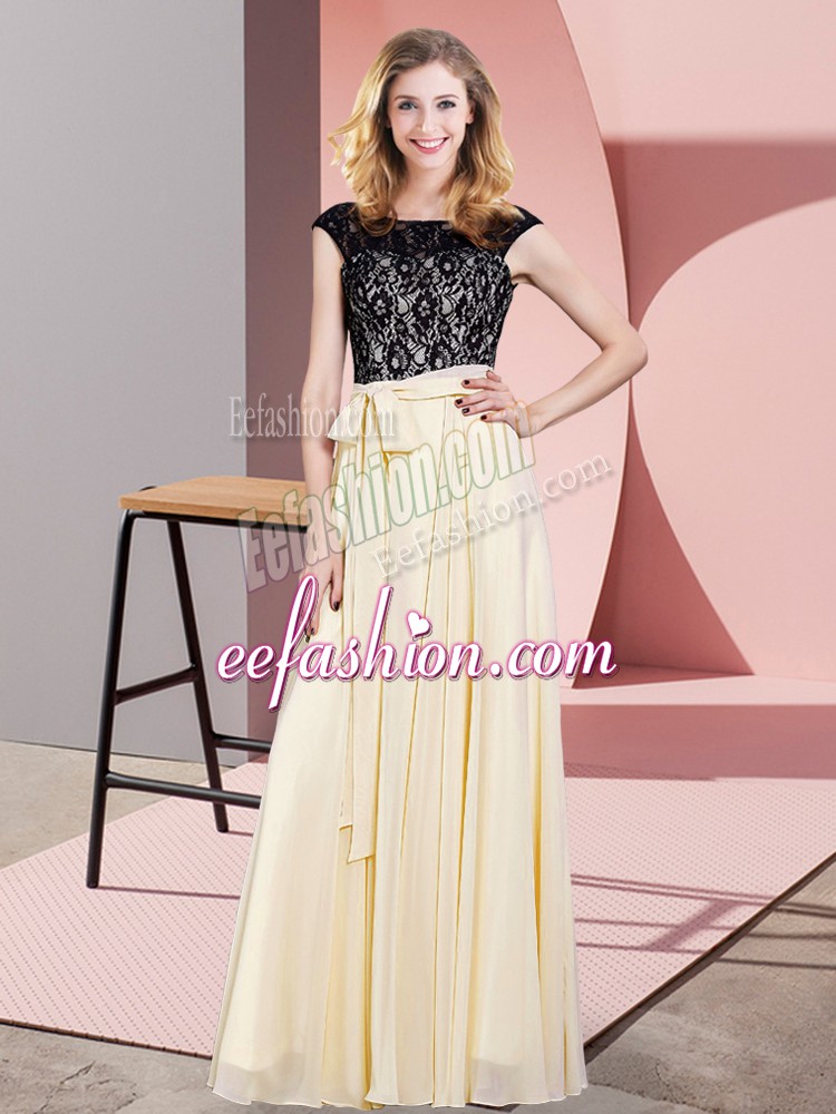  Floor Length Champagne Dress for Prom Chiffon Sleeveless Lace and Belt