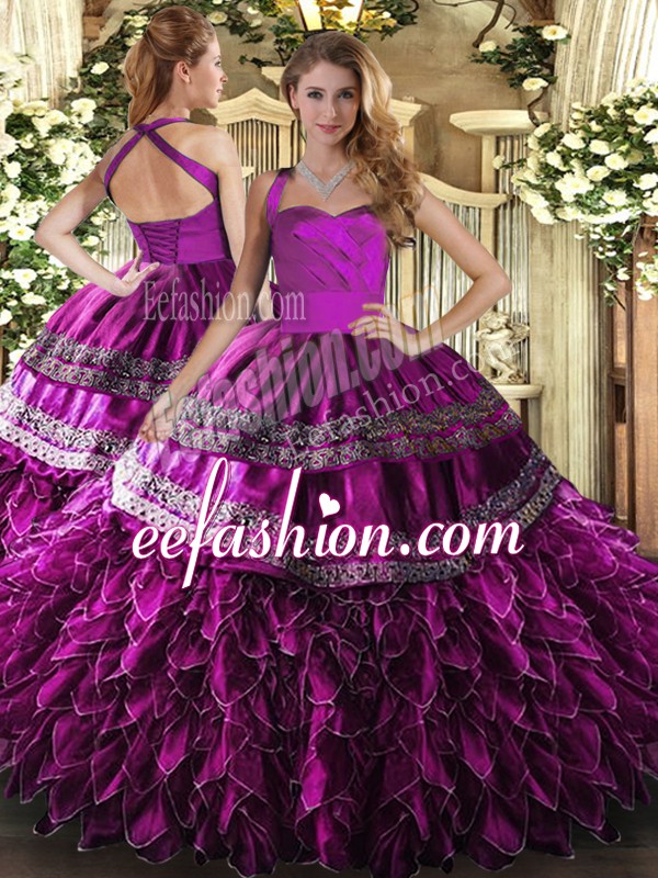Great Floor Length Fuchsia Quinceanera Dresses Satin and Organza Sleeveless Embroidery and Ruffles