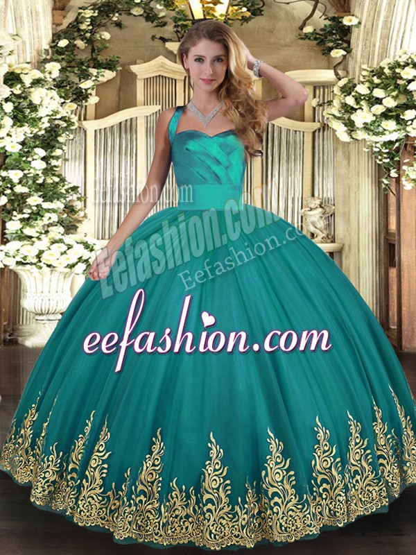  Halter Top Sleeveless Lace Up Sweet 16 Dress Turquoise Tulle