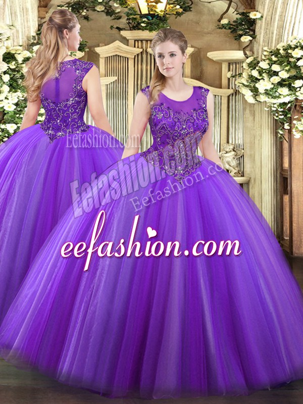 Custom Made Ball Gowns Sweet 16 Dress Eggplant Purple Scoop Tulle Sleeveless Floor Length Zipper