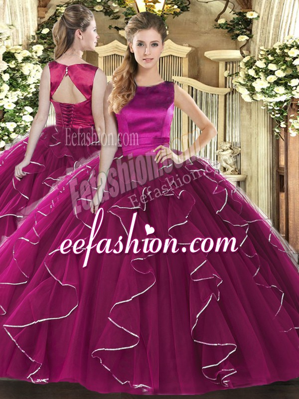 Free and Easy Fuchsia Lace Up Scoop Ruffles Quince Ball Gowns Tulle Sleeveless