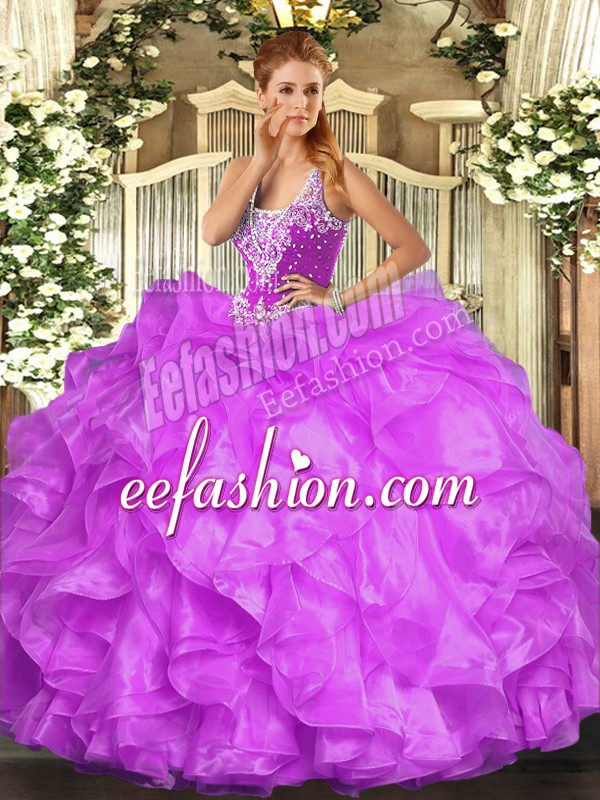  Lilac Lace Up Straps Beading and Ruffles Sweet 16 Quinceanera Dress Organza Sleeveless