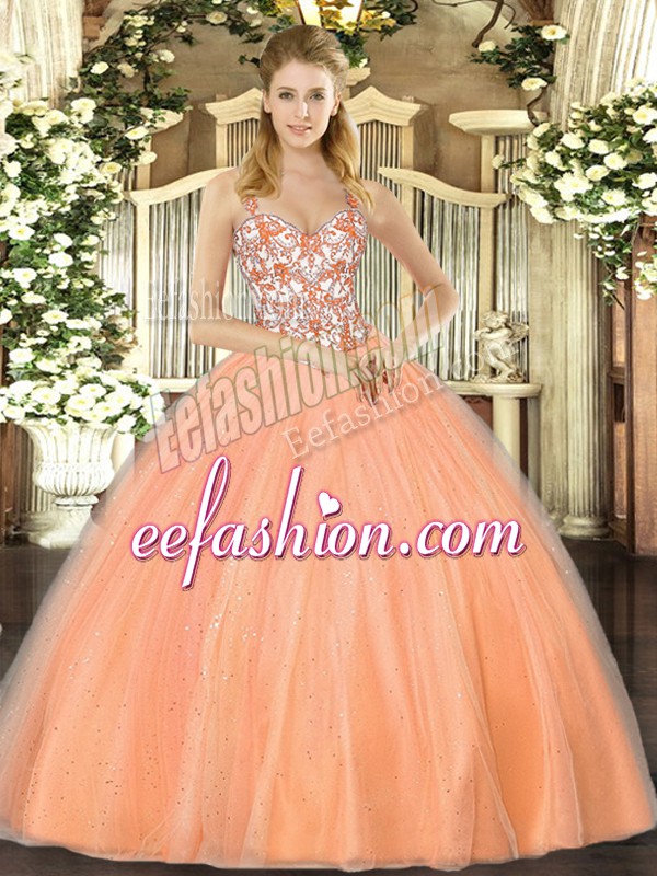 Traditional Orange Organza Lace Up Quinceanera Gowns Sleeveless Floor Length Beading and Appliques