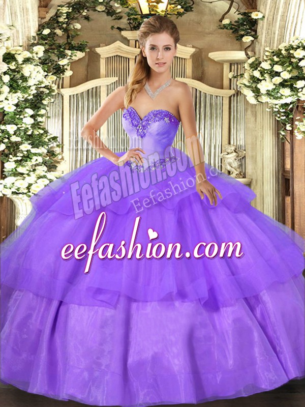 On Sale Tulle Sweetheart Sleeveless Lace Up Beading and Ruffled Layers Quince Ball Gowns in Lavender