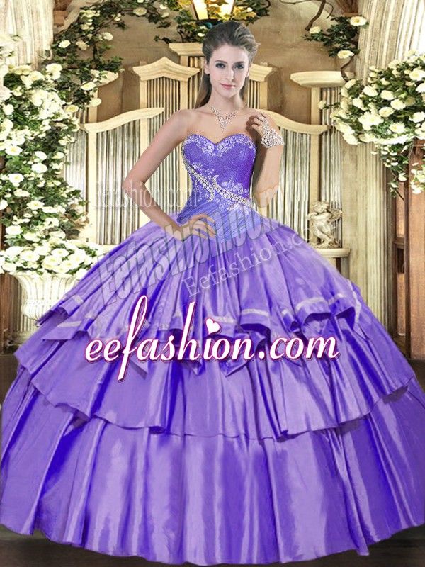 Custom Made Floor Length Lace Up 15th Birthday Dress Lavender for Military Ball and Sweet 16 and Quinceanera with Beading and Ruffled Layers