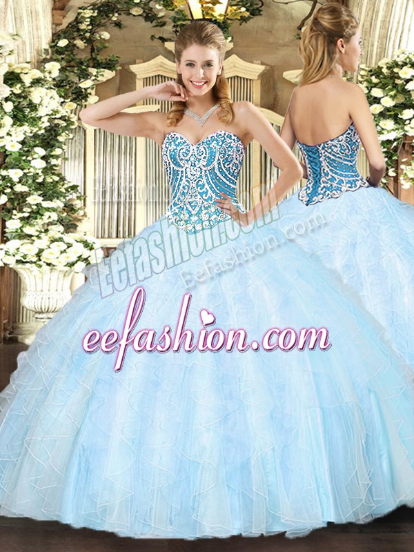  Sleeveless Tulle Floor Length Lace Up Quinceanera Gowns in Light Blue with Beading and Ruffles
