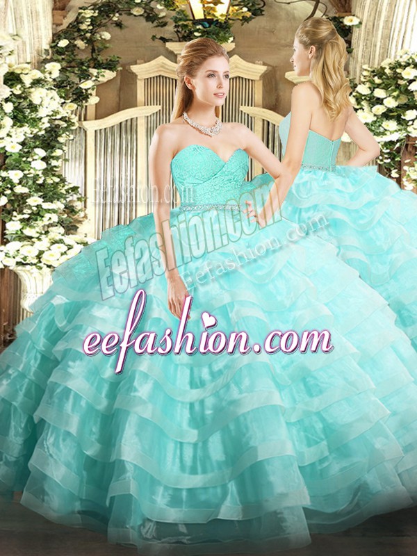  Aqua Blue Tulle Zipper Quinceanera Gown Sleeveless Floor Length Beading and Lace and Ruffled Layers