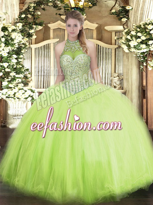  Yellow Green Ball Gowns Tulle Halter Top Sleeveless Beading Floor Length Lace Up Quinceanera Dresses