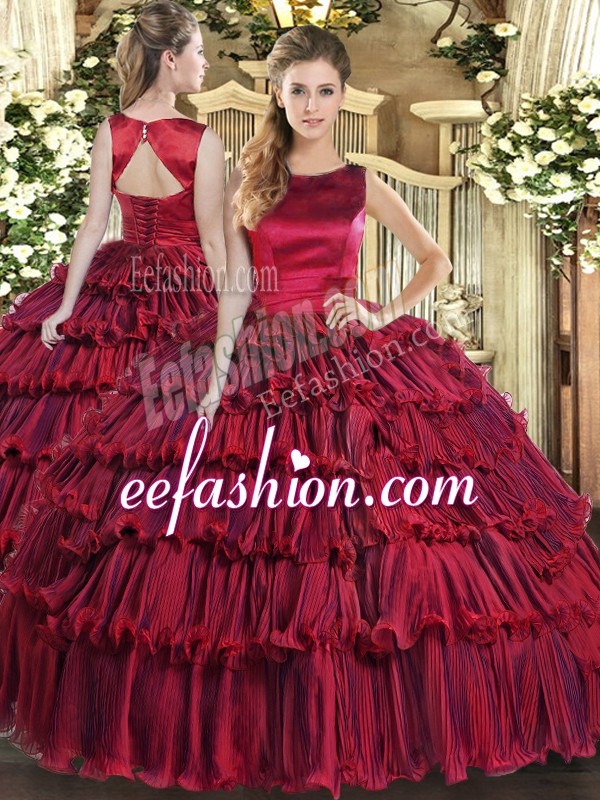  Sleeveless Floor Length Ruffled Layers Lace Up Sweet 16 Dress with Wine Red
