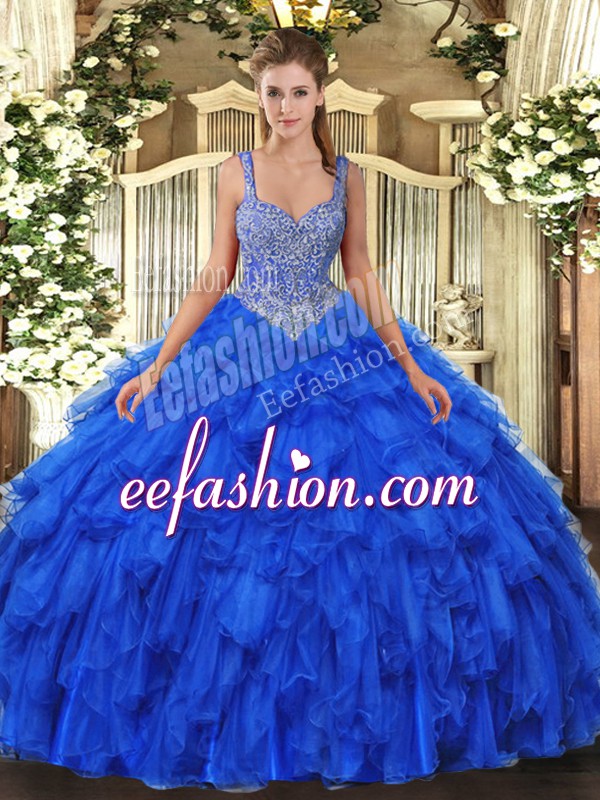  Royal Blue Organza Lace Up Straps Sleeveless Floor Length Sweet 16 Quinceanera Dress Beading and Ruffles