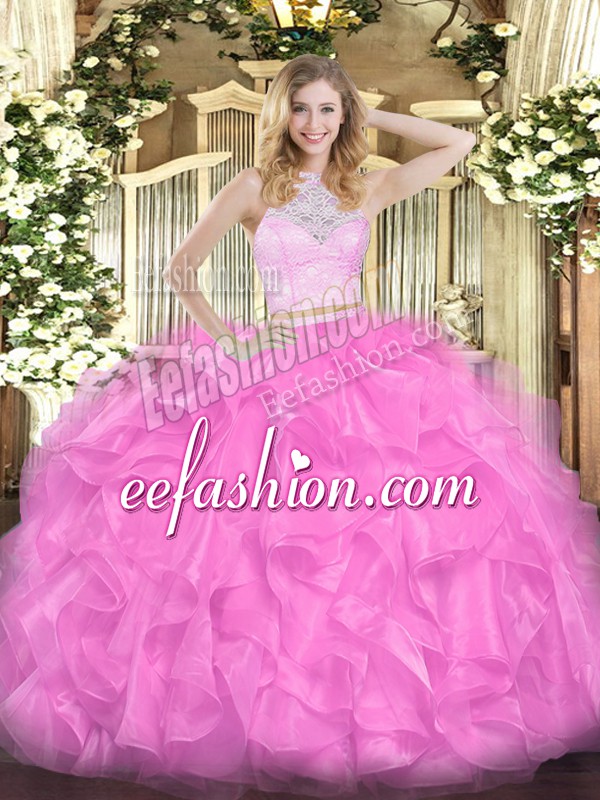  Two Pieces Sweet 16 Quinceanera Dress Rose Pink Scoop Organza Sleeveless Floor Length Zipper