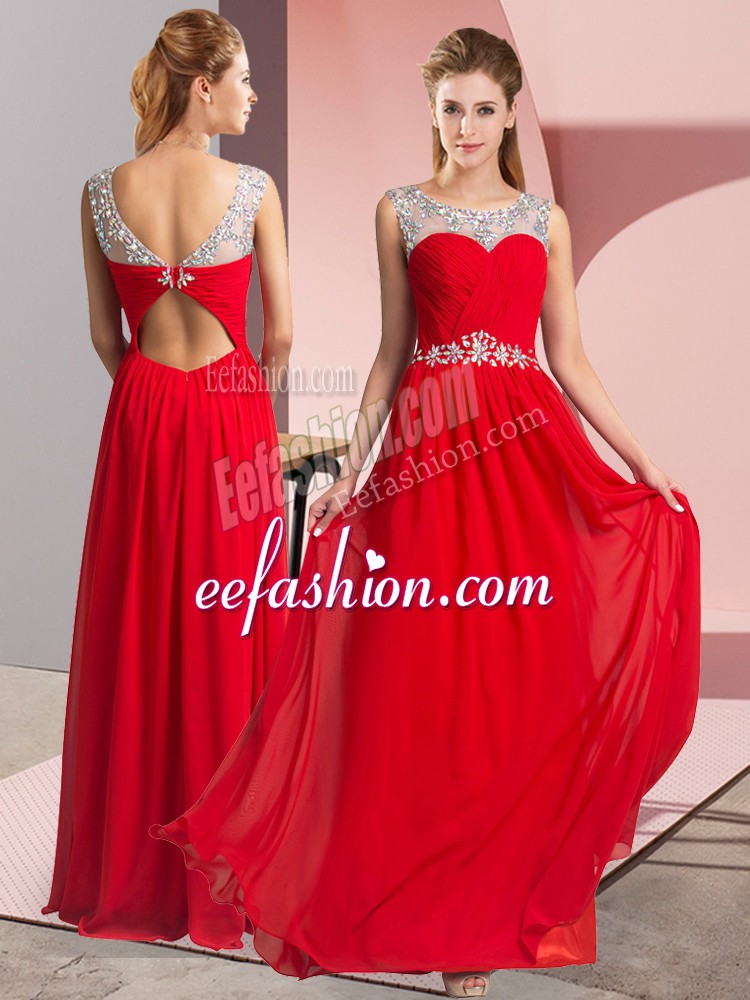 High Class Red Empire Scoop Sleeveless Chiffon Floor Length Clasp Handle Beading Prom Evening Gown