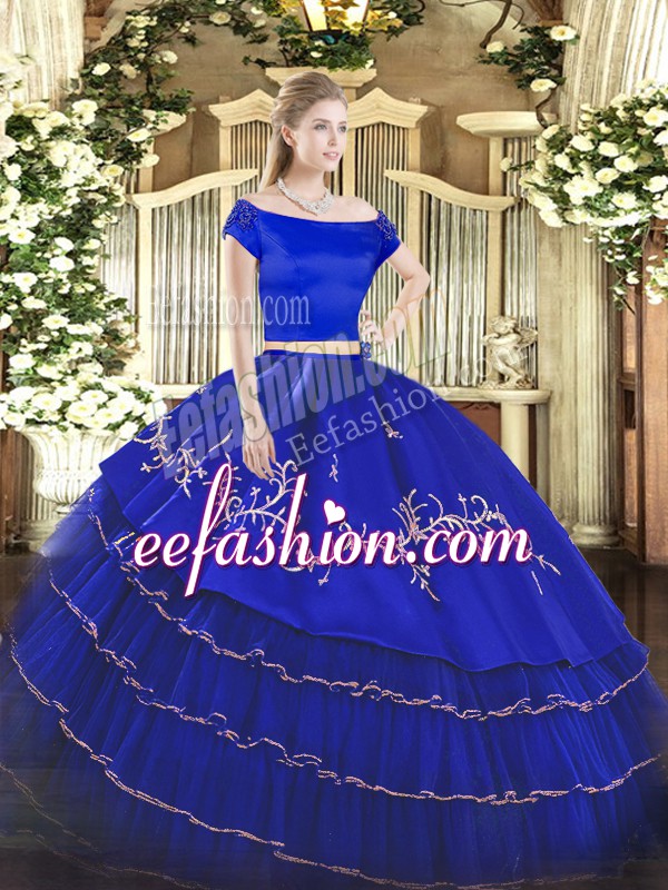 Glittering Royal Blue Two Pieces Embroidery and Ruffled Layers Sweet 16 Dresses Zipper Organza and Taffeta Short Sleeves Floor Length