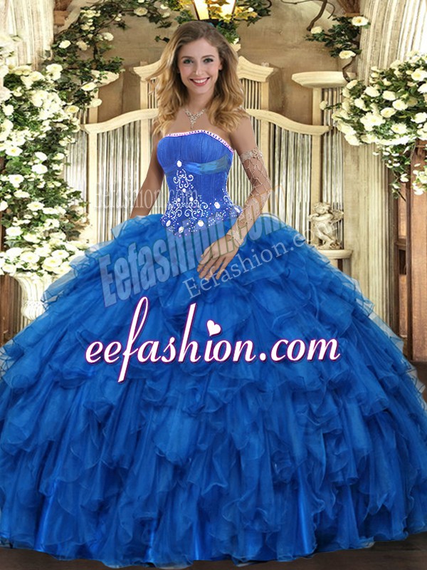  Royal Blue Organza Lace Up Sweet 16 Dress Sleeveless Floor Length Beading and Ruffles