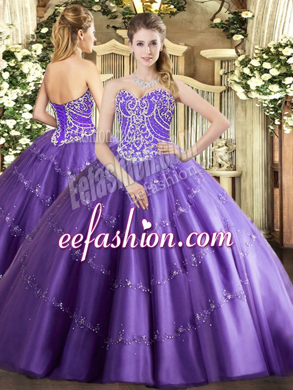 Perfect Lavender Ball Gowns Beading and Appliques 15th Birthday Dress Lace Up Tulle Sleeveless Floor Length