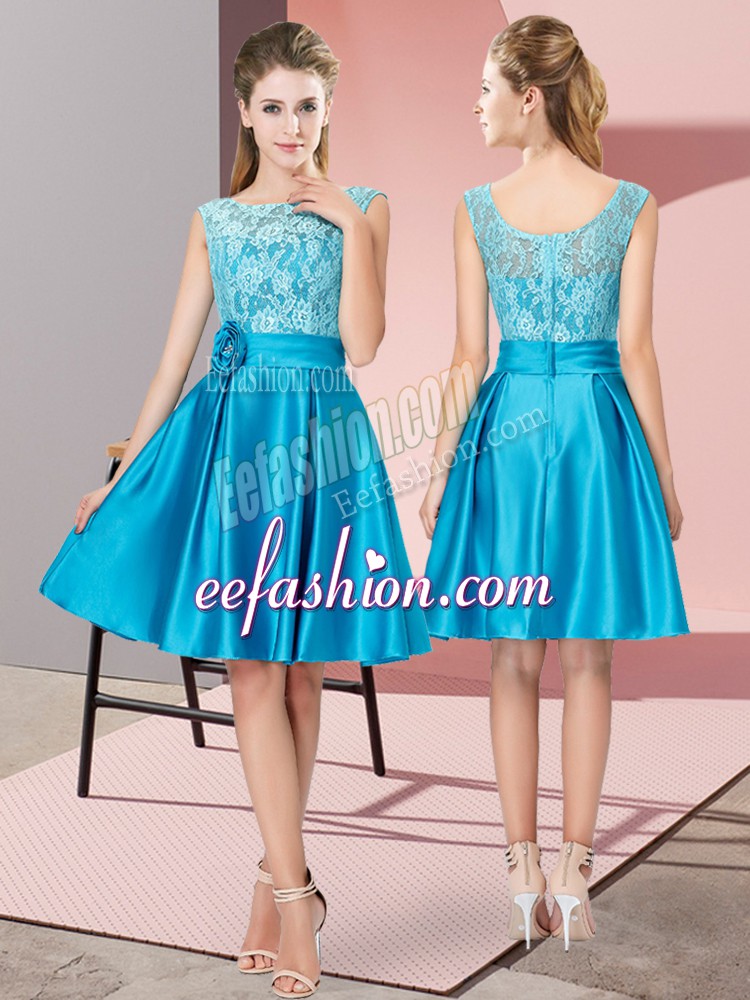 Luxurious Blue Bateau Neckline Lace and Hand Made Flower Dress for Prom Sleeveless Zipper