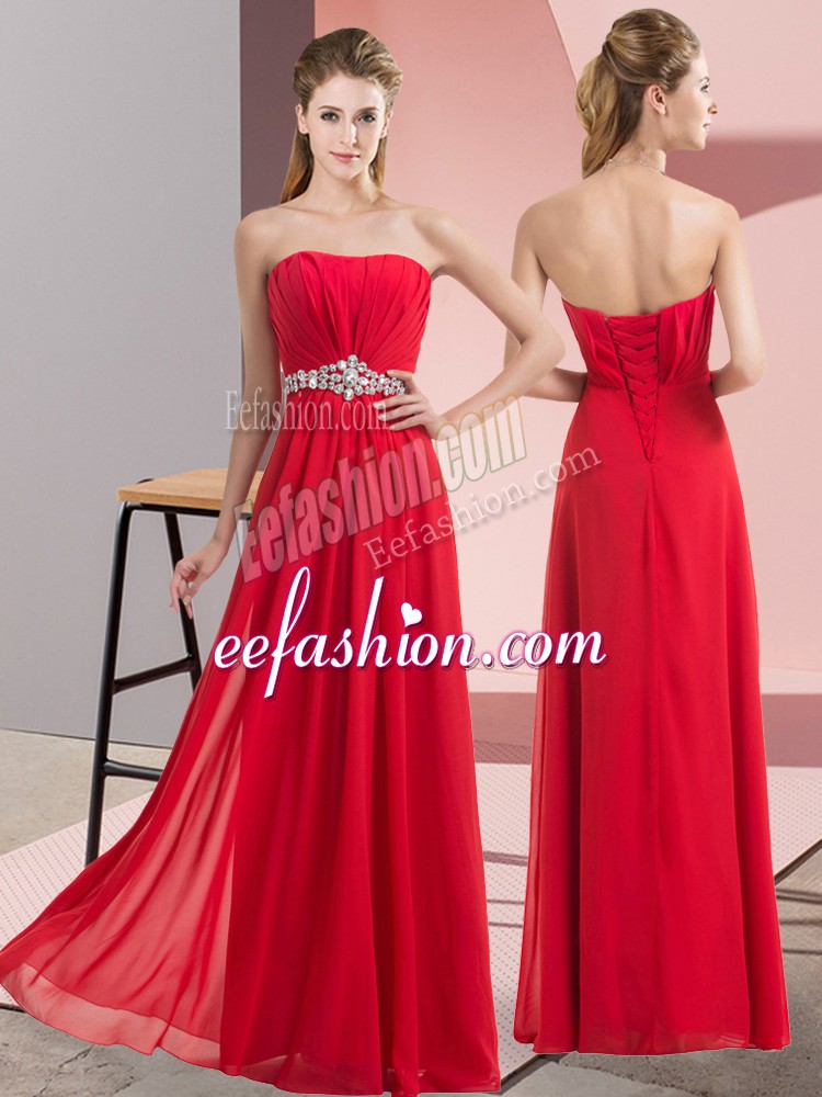 Great Floor Length Red Homecoming Dress Chiffon Sleeveless Beading