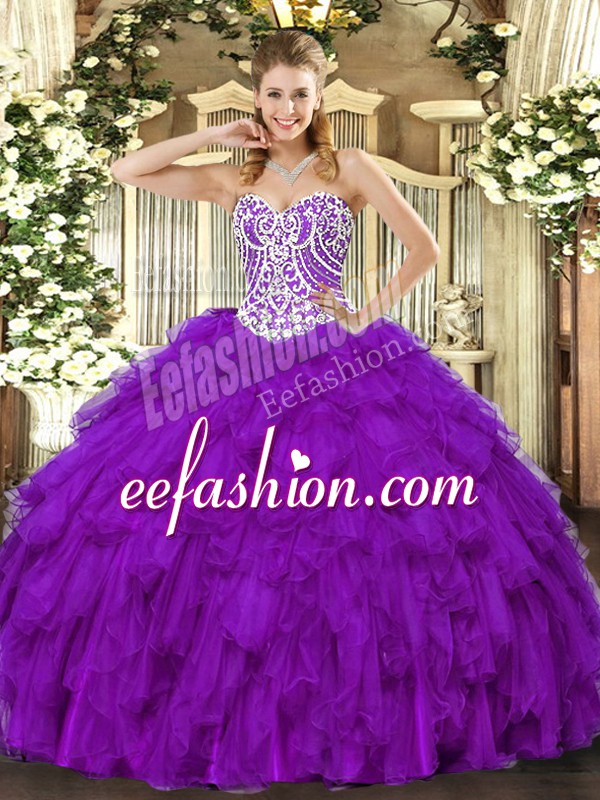 On Sale Purple Sleeveless Floor Length Beading and Ruffles Lace Up Quinceanera Gowns