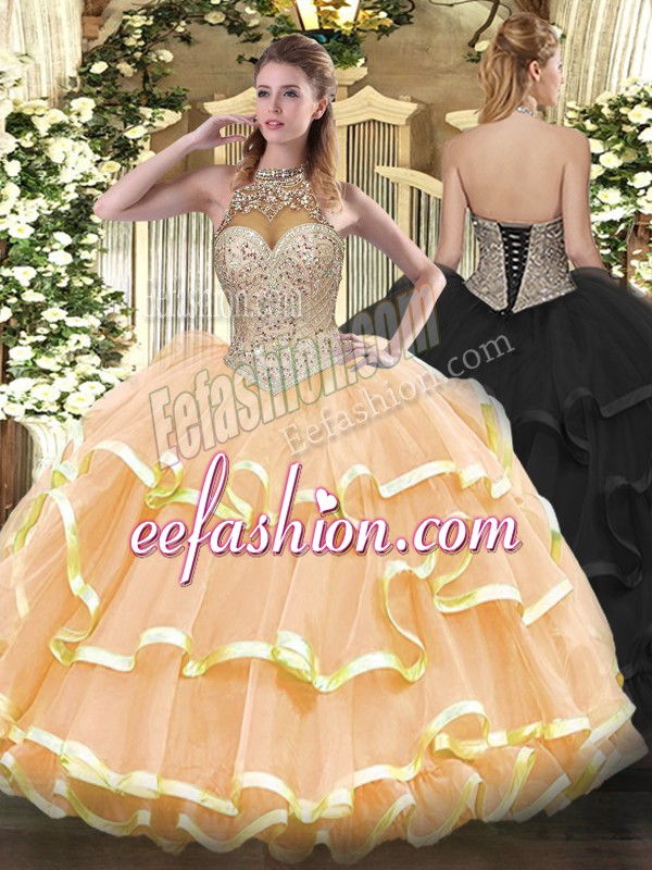  Peach Halter Top Lace Up Beading and Ruffled Layers Vestidos de Quinceanera Sleeveless