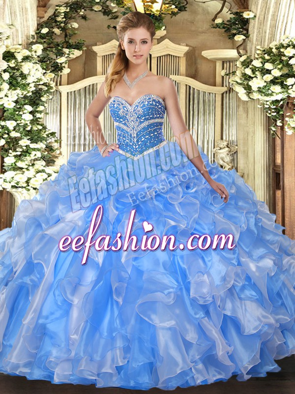 Baby Blue Sleeveless Beading and Ruffles Floor Length Quince Ball Gowns