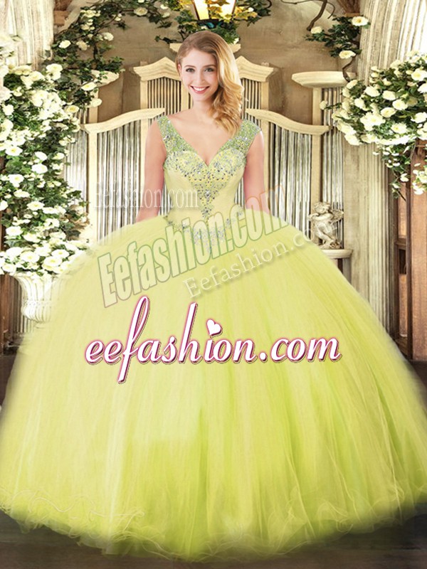 Glittering Yellow Green Sleeveless Tulle Lace Up 15th Birthday Dress for Military Ball and Sweet 16 and Quinceanera