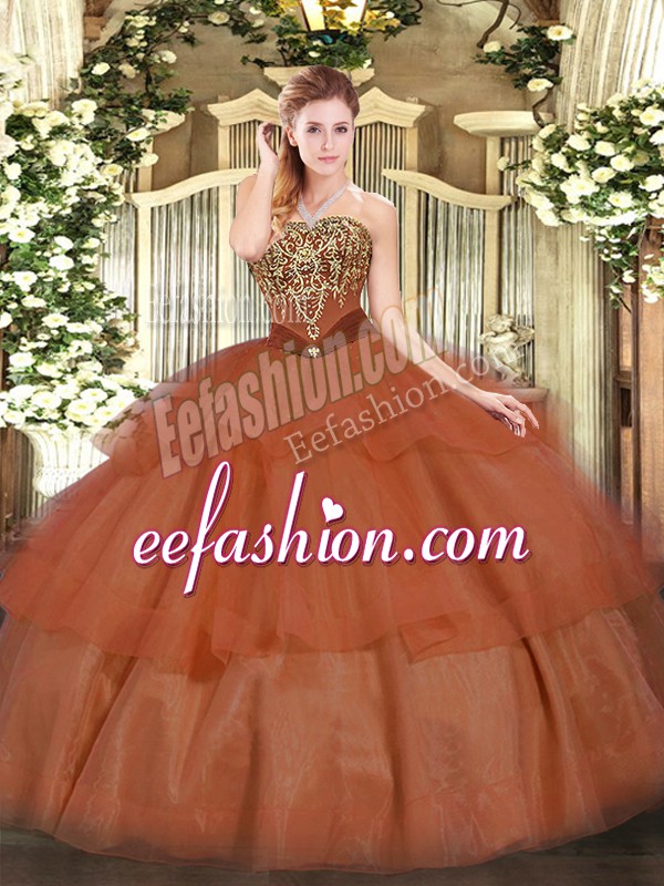 Romantic Rust Red 15th Birthday Dress Military Ball and Sweet 16 and Quinceanera with Beading and Ruffled Layers Strapless Sleeveless Lace Up