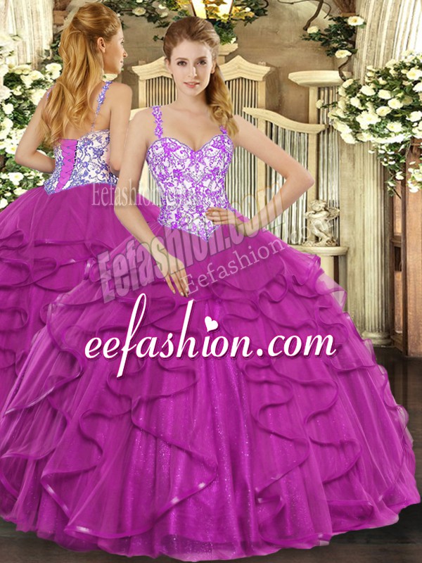 Fashion Straps Sleeveless Tulle 15th Birthday Dress Beading and Appliques and Ruffles Lace Up
