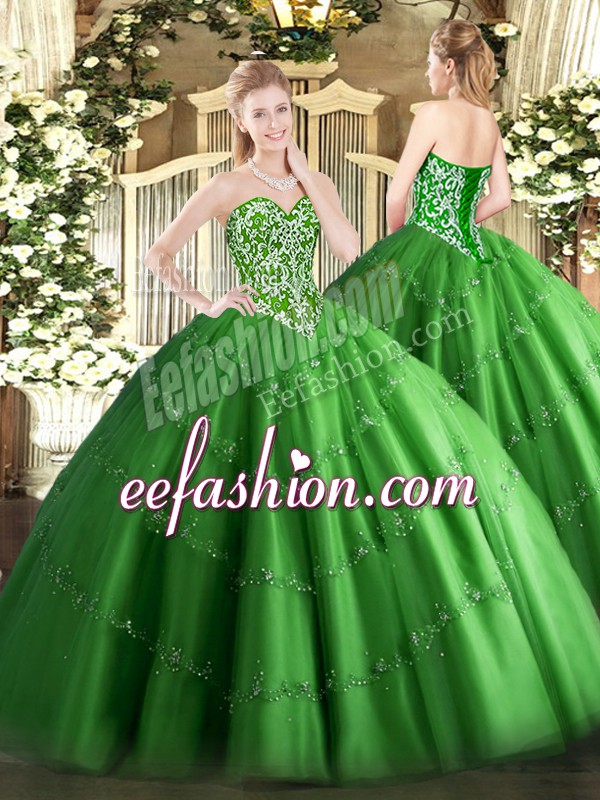  Floor Length Green Sweet 16 Dresses Tulle Sleeveless Beading and Appliques