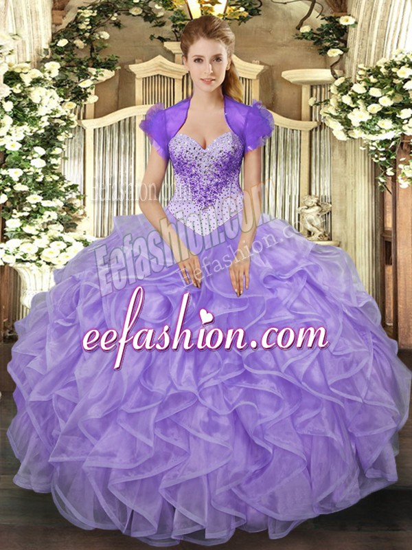 Best Selling Lavender Sweetheart Neckline Beading and Ruffles Quince Ball Gowns Sleeveless Lace Up