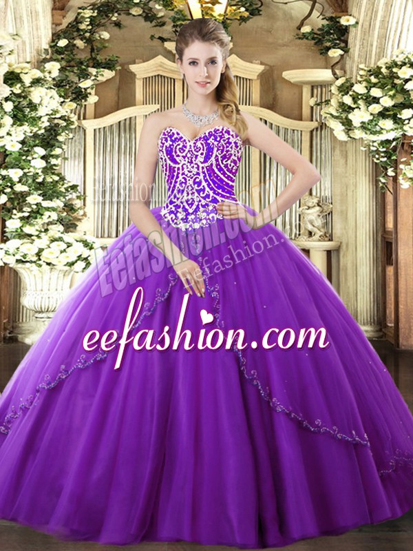 Nice Purple Lace Up Sweetheart Beading Quinceanera Dresses Tulle Sleeveless Brush Train