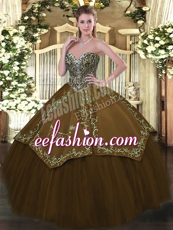 Modest Brown Lace Up Sweetheart Beading and Embroidery Ball Gown Prom Dress Taffeta and Tulle Sleeveless
