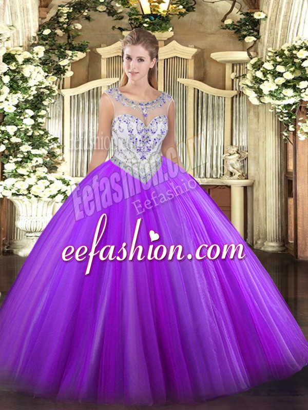  Ball Gowns Quinceanera Dress Eggplant Purple Scoop Tulle Sleeveless Floor Length Zipper