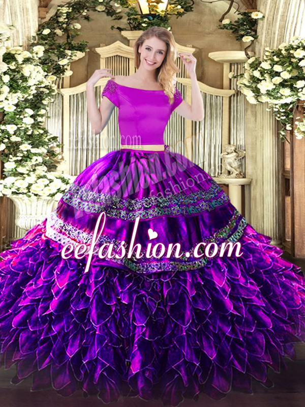Luxurious Eggplant Purple Short Sleeves Organza and Taffeta Zipper Quinceanera Dress for Military Ball and Sweet 16 and Quinceanera