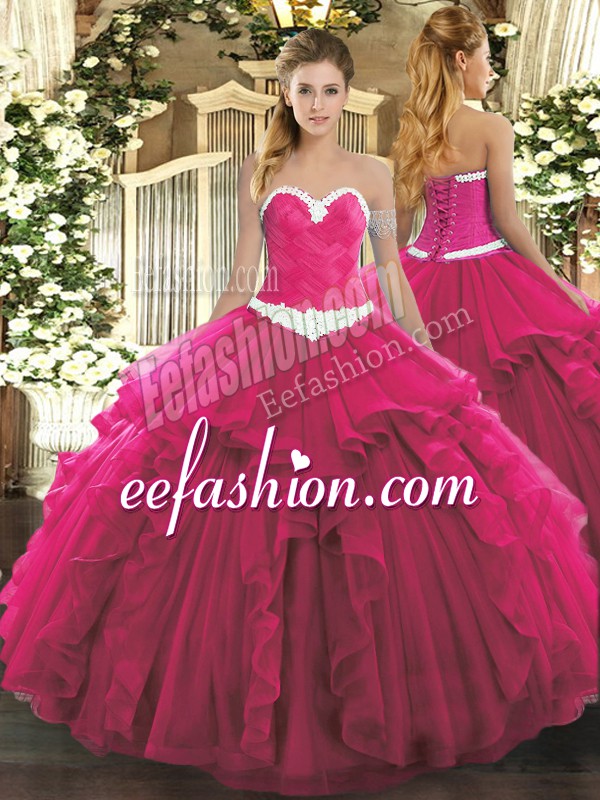  Sleeveless Lace Up Floor Length Appliques and Ruffles Quinceanera Dress