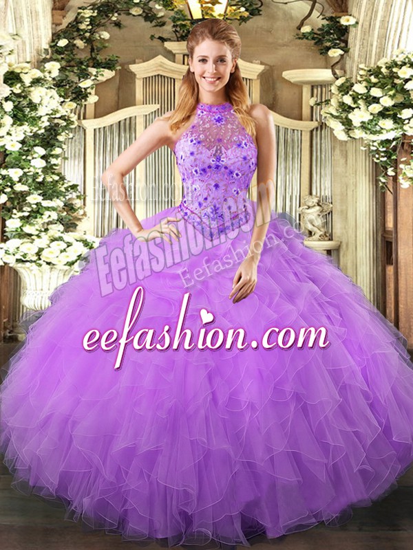 Flirting Lavender Ball Gowns Beading and Ruffles 15th Birthday Dress Lace Up Organza Sleeveless Floor Length