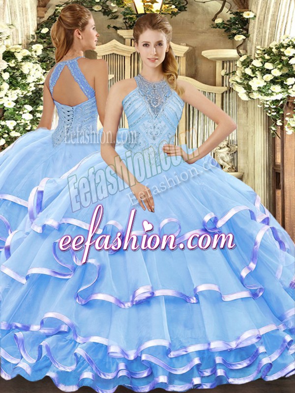 Sophisticated Aqua Blue Ball Gowns Organza Halter Top Sleeveless Beading and Ruffled Layers Floor Length Lace Up Quinceanera Gown