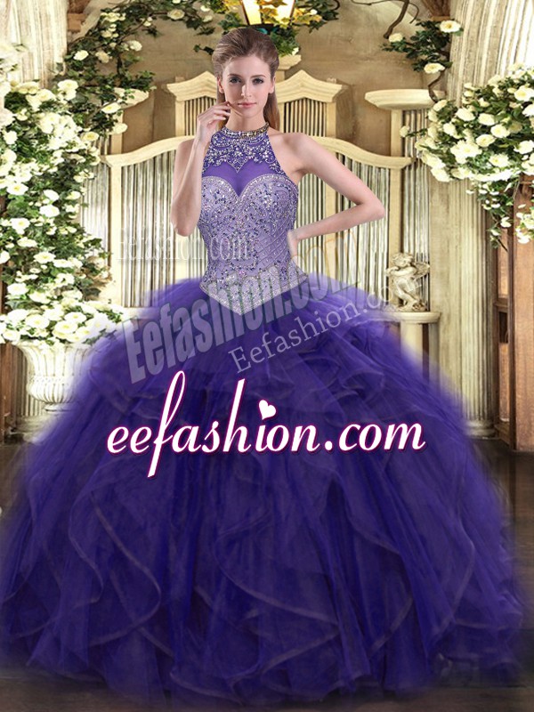 Hot Selling Floor Length Lace Up Quinceanera Gowns Purple for Military Ball and Sweet 16 and Quinceanera with Beading and Ruffled Layers