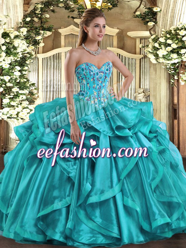 On Sale Sweetheart Sleeveless Organza Sweet 16 Quinceanera Dress Embroidery and Ruffles Lace Up