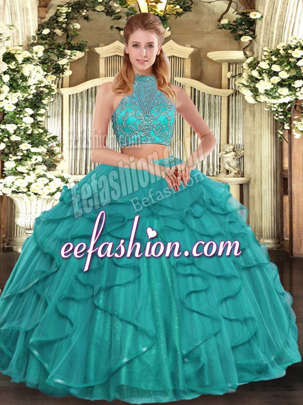 Noble Turquoise Two Pieces Tulle Halter Top Sleeveless Beading and Ruffled Layers Floor Length Criss Cross Sweet 16 Dresses