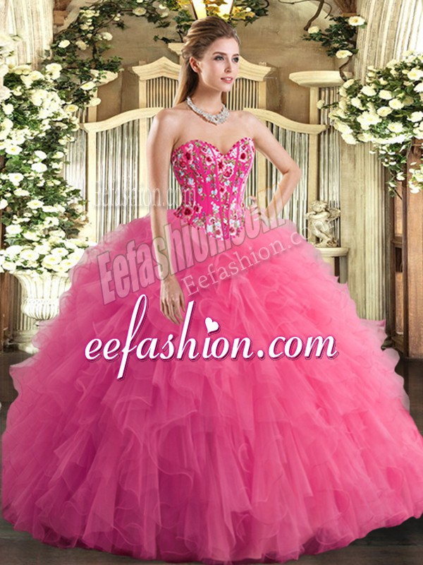 Affordable Hot Pink Ball Gowns Tulle Sweetheart Sleeveless Embroidery and Ruffles Lace Up Sweet 16 Dresses