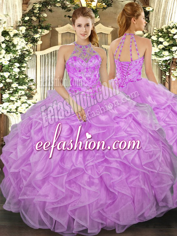  Lilac Organza Lace Up Quinceanera Dresses Sleeveless Floor Length Beading and Ruffles