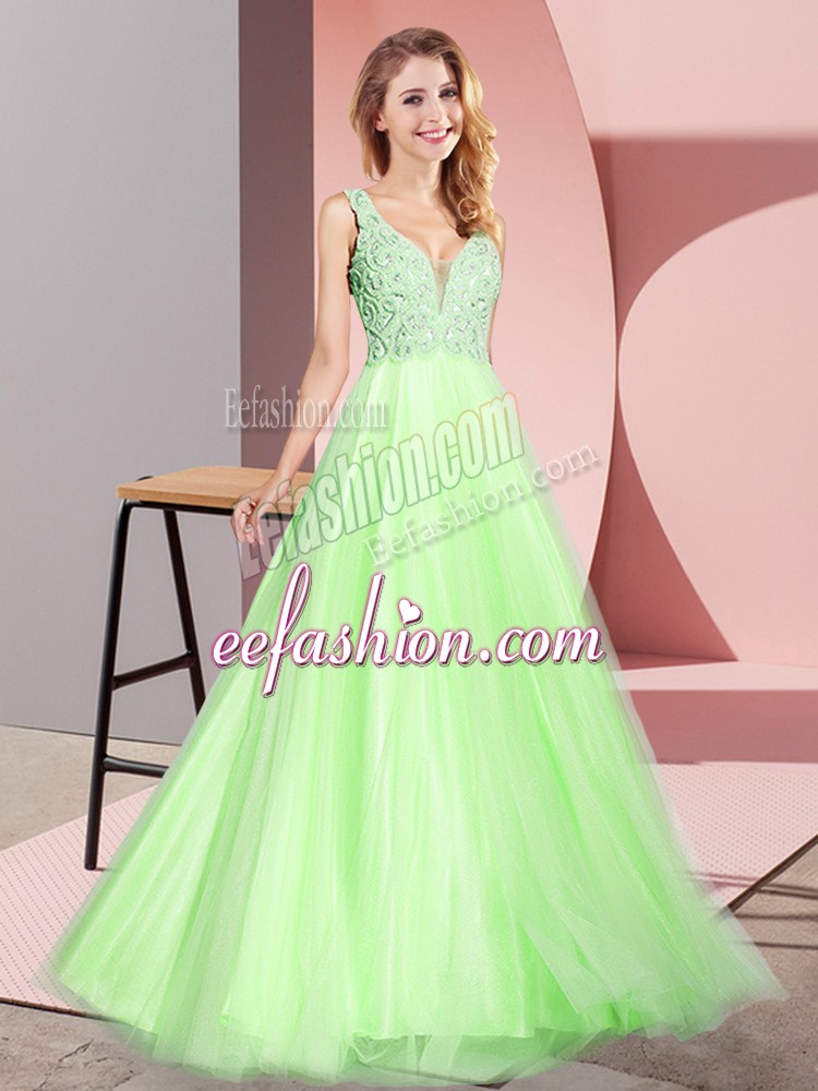 Delicate Floor Length Zipper Prom Party Dress Yellow Green for Prom and Party with Lace
