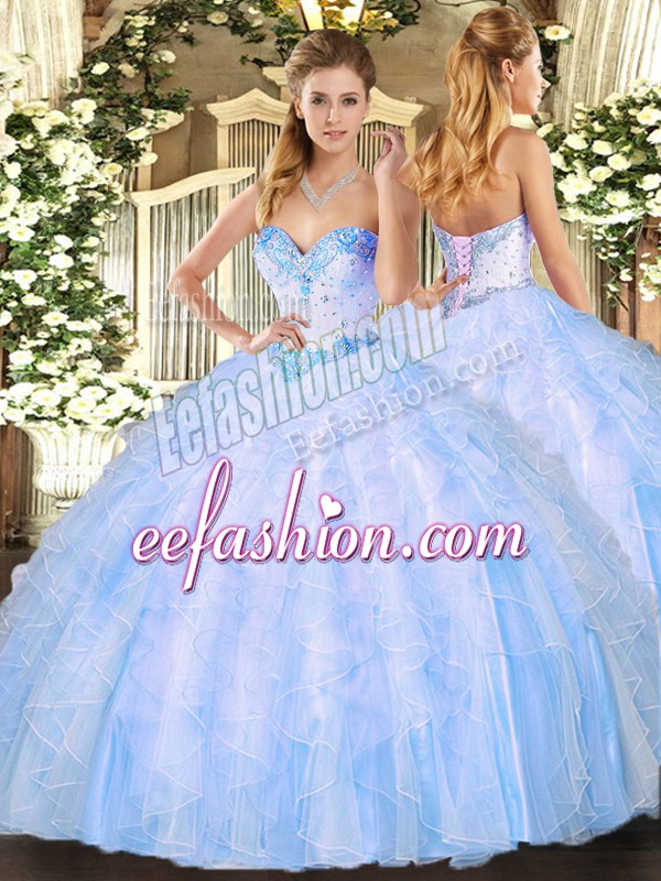  Light Blue Ball Gowns Beading and Ruffles 15th Birthday Dress Lace Up Organza Sleeveless Floor Length