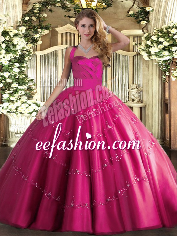 Graceful Hot Pink Lace Up Halter Top Appliques Sweet 16 Quinceanera Dress Tulle Sleeveless