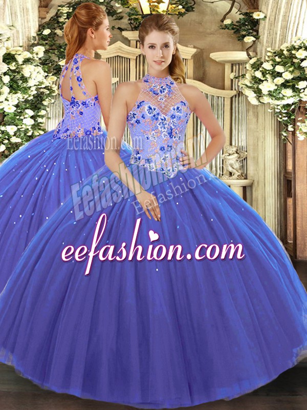 Flirting Halter Top Sleeveless Tulle Ball Gown Prom Dress Embroidery Lace Up