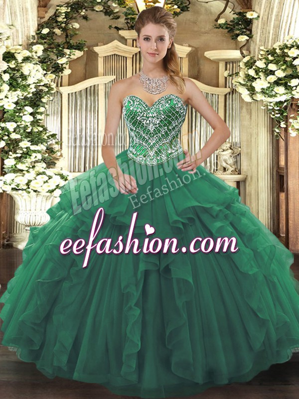  Sleeveless Tulle Floor Length Lace Up Quinceanera Gowns in Green with Beading and Ruffles