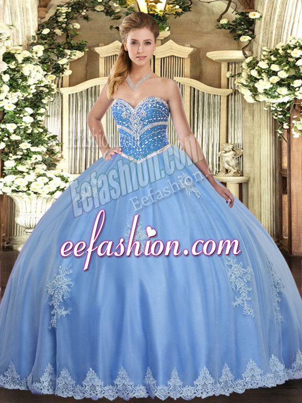  Blue Tulle Lace Up Vestidos de Quinceanera Sleeveless Floor Length Beading and Appliques